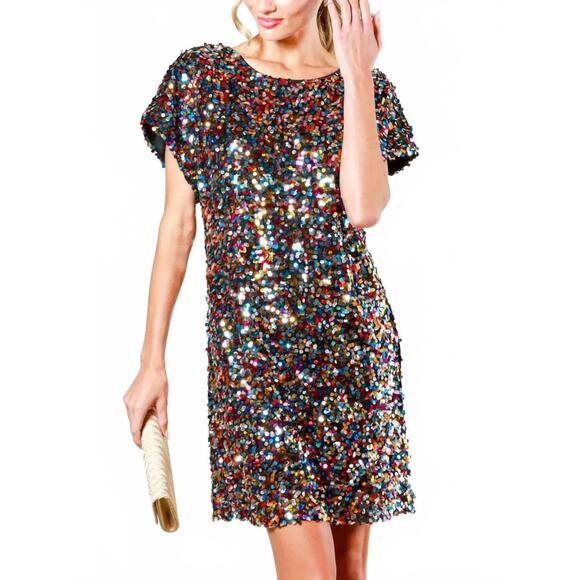 NEW PINKBLUSH bright sequin boat neck mini dress in black multi - Picture 3 of 4